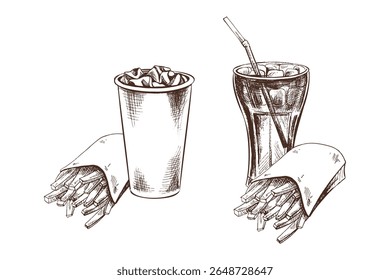 Esboço vintage monocromático de refrigerantes em copos e batatas fritas em pacote de papel. ilustração de alimento vetor desenhado à mão sobre fundo branco. Perfeito para menus retro, embalagens ou projetos de design de alimentos.