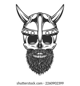 Monochrome vintage skull with beard and mustache in viking helmet with horn vector illustration