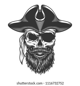 Monochrome vintage skull in pirate vintage style. Vector illustration.