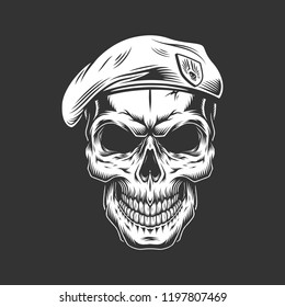 Monochrome vintage skull with seals hat. Vector illustration
