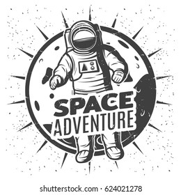 Monochrome vintage space research label template with inscription and astronaut in spacesuit on Mars planet landscape isolated vector illustration