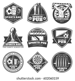 Monochrome vintage sport bar labels set with fan beer bottles glasses games and equipment isolated vector illustration