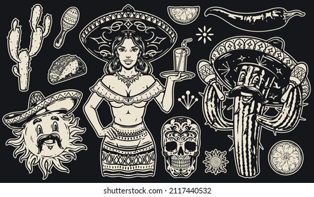 Monochrome vintage stickers set with Mexican waitress in sombrero holding tray with cocktail, mustachioed cactus shaking maracas, calavera skull, funny sun, taco, cactus and lime, vector illustration