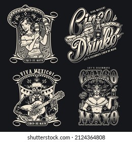 Monochrome vintage stickers set with mexican girl shaking maracas, cinco de drinko emblem with tequila bottle, shot and sombrero, one-eyed skeleton playing guitar, waitress with glass on tray, vector