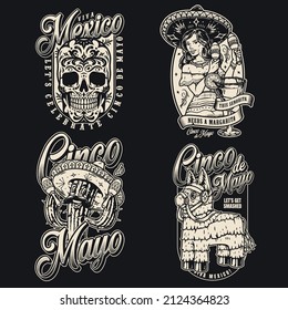 Monochrome vintage stickers set with sugar skull, cactus in Mexican hat, pinata toy with bridle, Mexican woman in sombrero and margarita glass, vector illustration
