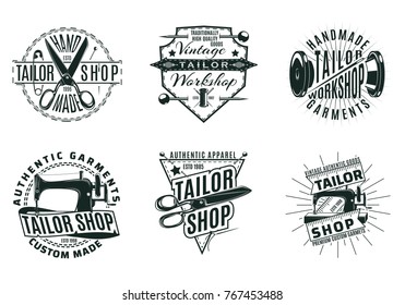 Monochrome vintage tailor shop logos set with inscriptions scissors pin needle spool sewing machine isolated vector illustration