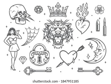Monochrome vintage tattoos composition with bullets hearts beautiful woman crown tiger head crescent with human face medieval lock keys flowers spiderweb isolated vector illustration