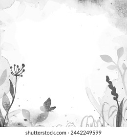 Monochrome vintage vector watercolor template with herbs, butterfly and abstract splashes. Gray nature design for invitation, poster, banner, card with place for text