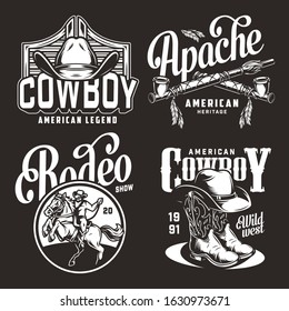 Monochrome vintage wild west prints with crossed american indian smoking pipes cowboy hats boots rider and horse isolated vector illustration