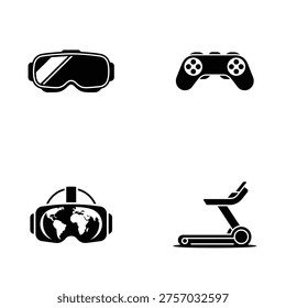 Monochrome virtual reality and gaming icon set showing VR headset, game controller, globe-view headset and VR treadmill silhouettes, ideal for apps, simulation, fitness, UX design.