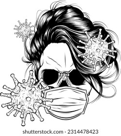 monochrome virus aoround Skull face in medical face mask. Vector illustration on white background.