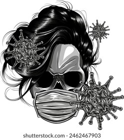 virus monocromo alrededor de la cara del cráneo en mascarilla médica. Ilustración vectorial sobre fondo blanco.