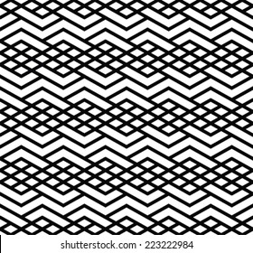 Monochrome visual abstract textured geometric seamless pattern. Symmetric black and white vector textile backdrop. Intertwine composition.