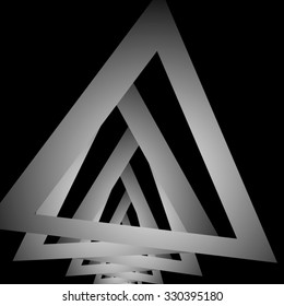 Monochrome volumetric triangular metal volumetric fractal illusion, disappearing into the dark distance. Optical illusion.