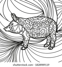 Monochrome wallpaper with patterned pig. Hand drawn patterns on isolated background. Design for spiritual relaxation for adults. Black and white illustration