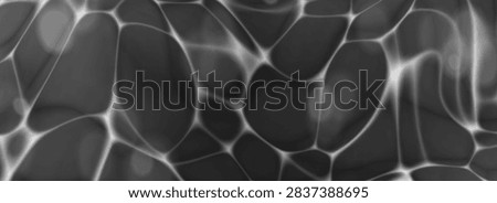 Monochrome water caustic background with dark ripple texture and bright reflections. Black overlay top view water texture. Deep sea surface pattern with underwater light and bokeh effect. Vector bg