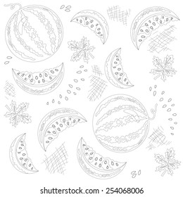 Monochrome watermelon illustration. Vector seamless pattern. Cute fruit background for your design wallpapers, pattern fills, web page backgrounds, surface textures. Lines hand drawn pattern.