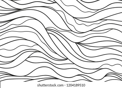 Monochrome wave pattern. Wavy background. Hand drawn lines. Hair texture. Doodle for design. Line art. Black and white wallpaper