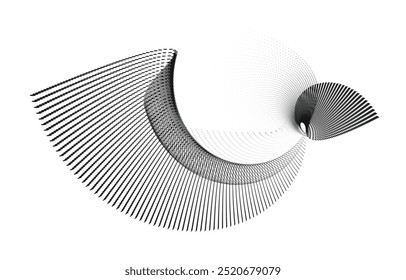 Monochrome wave patterns: a digital data flow artistry, A dynamic particle waves within a halftone gradient create a fluid dot curve set on a transparent background for technology, sound and music.