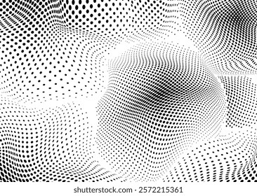 Monochrome wavy gradient background. Spotted dot pattern. Halftone optical effect. Abstract texture with dots. Black white banner. Futuristic pop art print. Vector illustration.