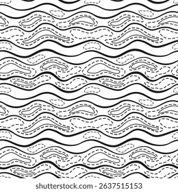 Monochrome wavy seamless pattern. Black waves on white background. Minimalist water landscape vector illustration. Abstract background of different curved lines and shapes