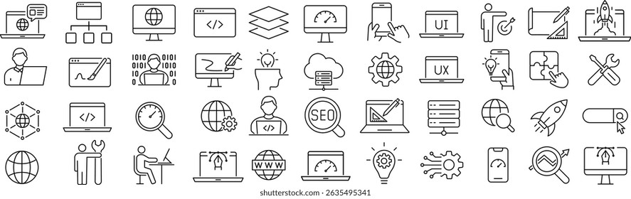 Conjunto de Ícones de Linha de Vetor de Desenvolvimento na Web Monocromático