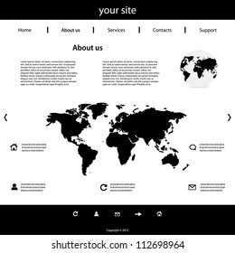 Monochrome Website Layout – About Us Section with World Map, Icons, and Navigation Menu. A clean and monochromatic website layout mockup featuring an "About us" section with a top navigation bar, three columns of placeholder text, and a central black silhouette map of the world. Surrounding the map are six service-related icons with descriptive placeholders, reinforcing a global theme. Additional interface icons appear at the bottom, including settings, user, refresh, and mail. This layout is ideal for use in UI, UX design, corporate presentations, branding mockups, and editorial visuals. Suitable for both commercial and editorial use across print and digital platforms.