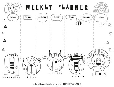 Monochrome weekly planner and coloring page with cute forest animals - crocodile, bear, giraffe, zebra, lion - scandinavian cartoon style. Kids schedule design template. Vector illustration.
