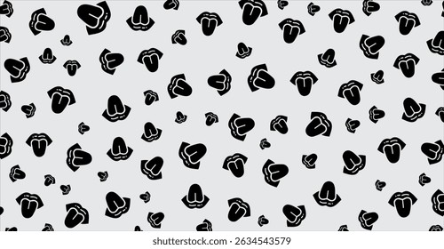 Monochrome Whimsical Pattern: Scattered Lips and Noses on Light Gray Background - Abstract Face Parts Design for Textile Prints and Contemporary Art Projects