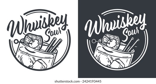 Monochrome whiskey sour or old fashioned cocktail with ice, cherry and splash for design of bar menu. American alcohol cocktail with whisky and bourbon for drink party. Tee print.