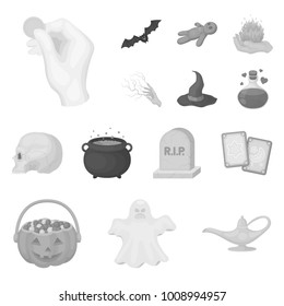 monochrome and white magic monochrome icons in set collection for design. Attributes and sorceress accessories vector symbol stock web illustration.