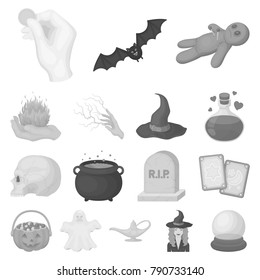 monochrome and white magic monochrome icons in set collection for design. Attributes and sorceress accessories vector symbol stock web illustration.