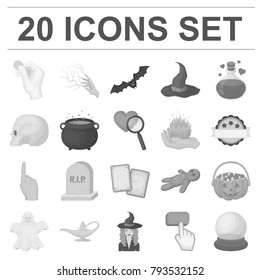 monochrome and white magic monochrome icons in set collection for design. Attributes and sorceress accessories vector symbol stock web illustration.