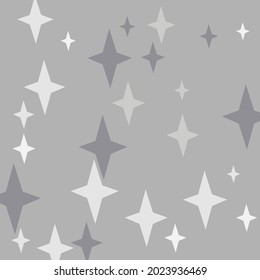 Monochrome White Night Black Stars Background. Winter Four-pointed Christmas Print Silver Wallpaper. Cozy Sky Grey Magic Gray Pattern. Holiday Mystery Chaotic Dark New Year Wallpaper.
