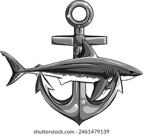 Monochrome White Shark mit Anker Vektorgrafik Design