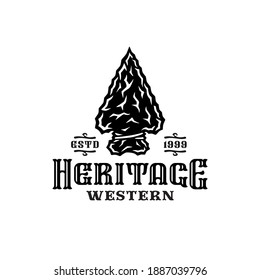 Monochrome Wild West Label With Flint Arrowhead In Vintage Style Isolated Vector Illustration