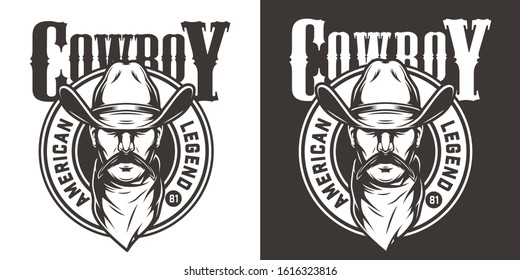 Monochrome wild west label with mustached man head in cowboy hat and scarf in vintage style isolated vector illustration