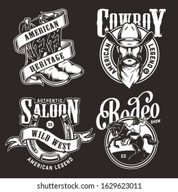 Monochrome wild west labels with cowboy and rodeo vintage emblems and prints isolated vector illustration