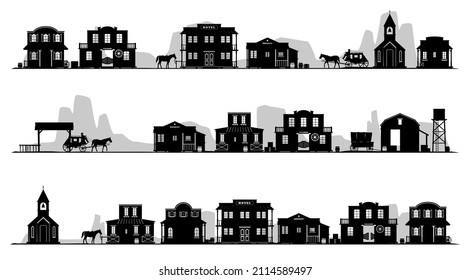 Monochrome wild west landscape black silhouette background set vector illustration. Western style cityscape buildings with old stagecoach isolated. City panorama architecture with saloon, church