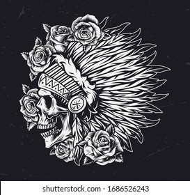 Monochrome wild west template with roses and skull in native american indian feathers headdress in vintage style isolated vector illustration