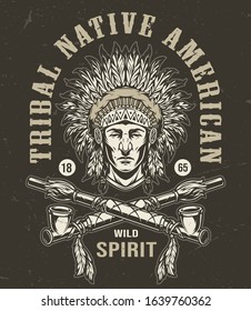Monochrome wild west vintage emblem with inscriptions american indian chief head in traditional feathers headwear and crossed smoking pipes isolated vector illustration