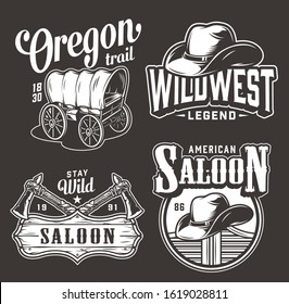 Monochrome wild west vintage prints with old cart cowboy hats crossed tomahawks saloon swinging doors and signboard isolated vector illustration