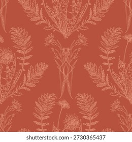 Monochrome wildflower design in terracotta background. Outlined cornflowers and dandelions.