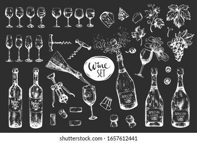 Monochrome wine big set on dark background, bottle, grape, glass, corkscrew, plugs and leaf