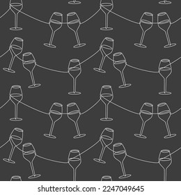 Monochrome wine glass icon seamless vector pattern. One line continuous hand drawn illustration. Wallpaper, graphic background, fabric, print, wrapping paper or package design.