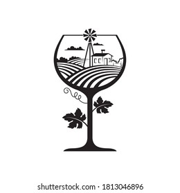 monochrome wine glass image with vineyard fields isolated on white background