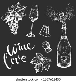 Einfarbiger Wein auf dunklem Hintergrund, Flasche, Traube, Glas, Kork und Blatt