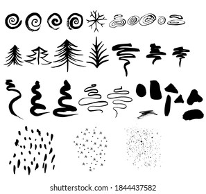 Monochrome winter abstract vector grunge texture. Set of black hand drawn paint brush stroke, stain. Distressed textured ink illustration on white background. Wavy brush stroke vector collection