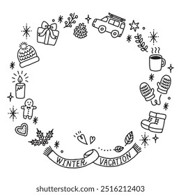 Monochrome winter holiday icons circle frame