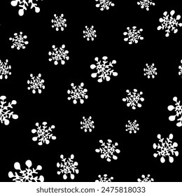 Monochrome winter seamless pattern with white silhouettes of snowflakes on black. Greeting card, gift packaging., wrapping paper. Funny scrabble style collection for happy new year. 